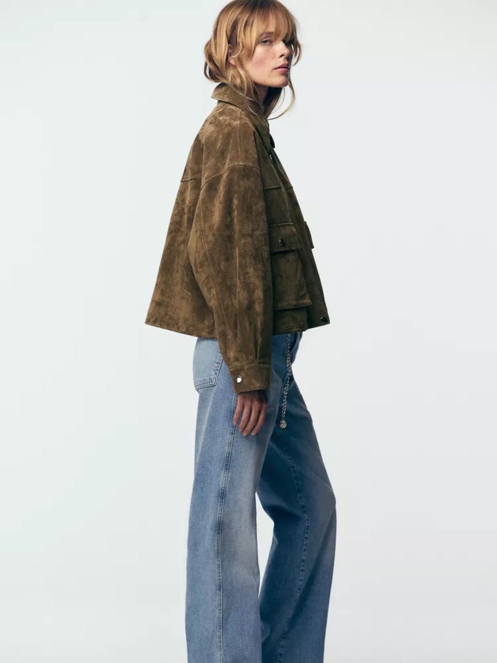 NWT Zara 100% Leather Suede Bomber Jacket Khaki Dusty Cocoa Brown - Picture 6 of 14